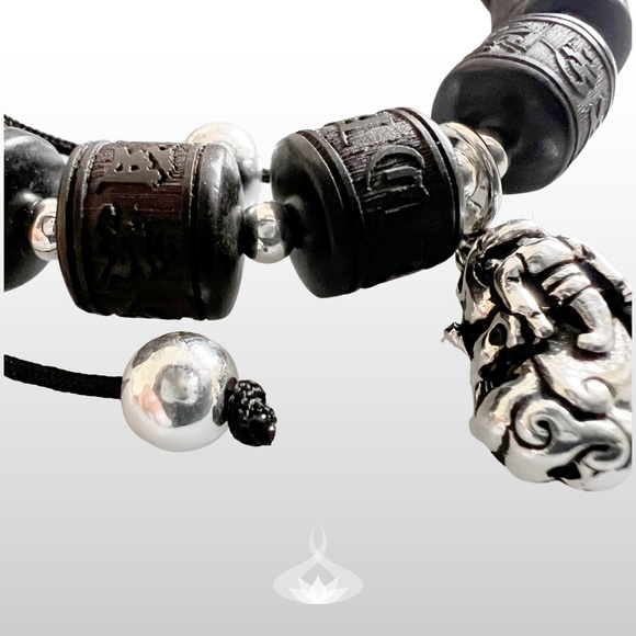 Ebony Tibetan 6 Character Prayer Wheel Mantra Bracelet with  Silver Pixiu Charm - Picture 3 of 7